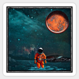 Astronaut Crash Landing on Alien Planet with Orange Moon Sticker